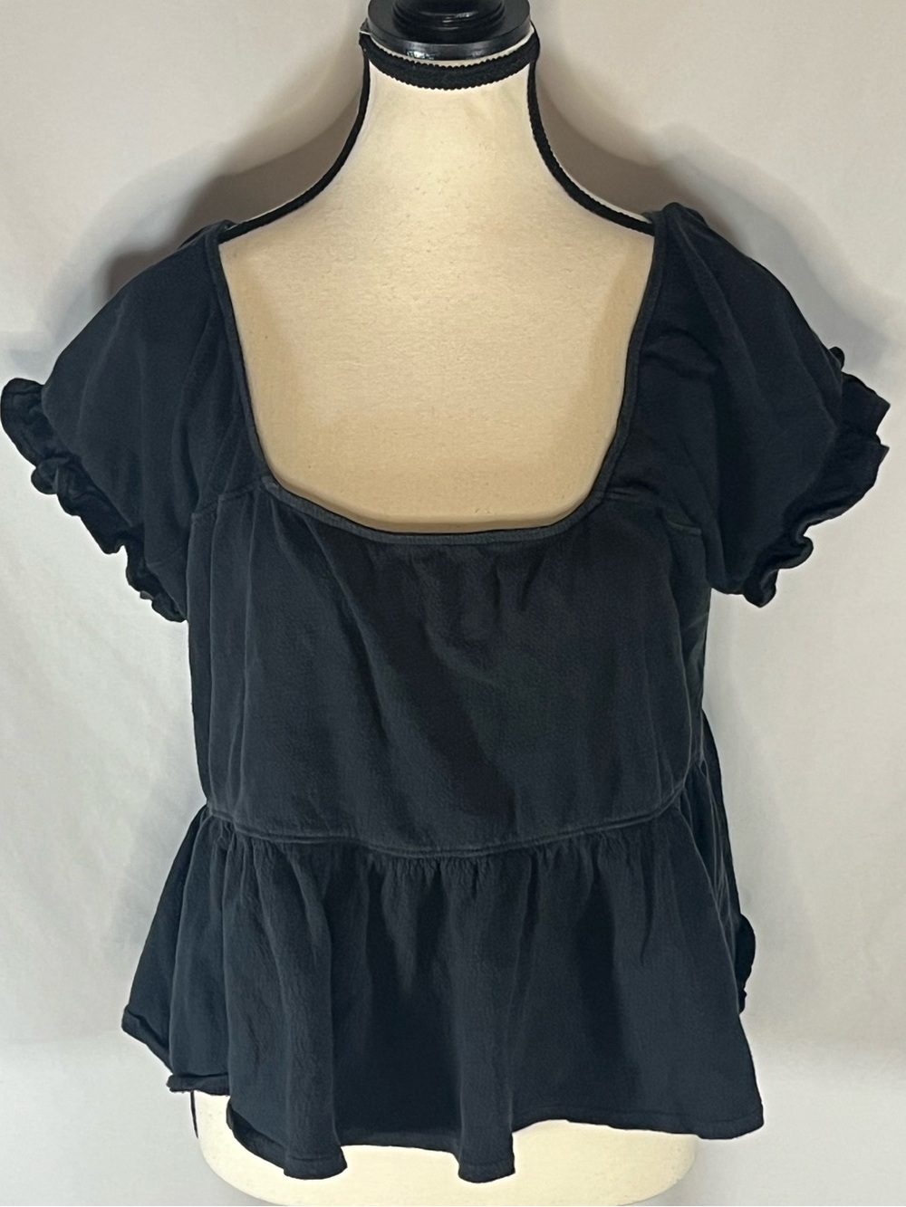 Madewell Black Ruffle Sleeve Peplum Top  Square Neck Knit Shirt Medium